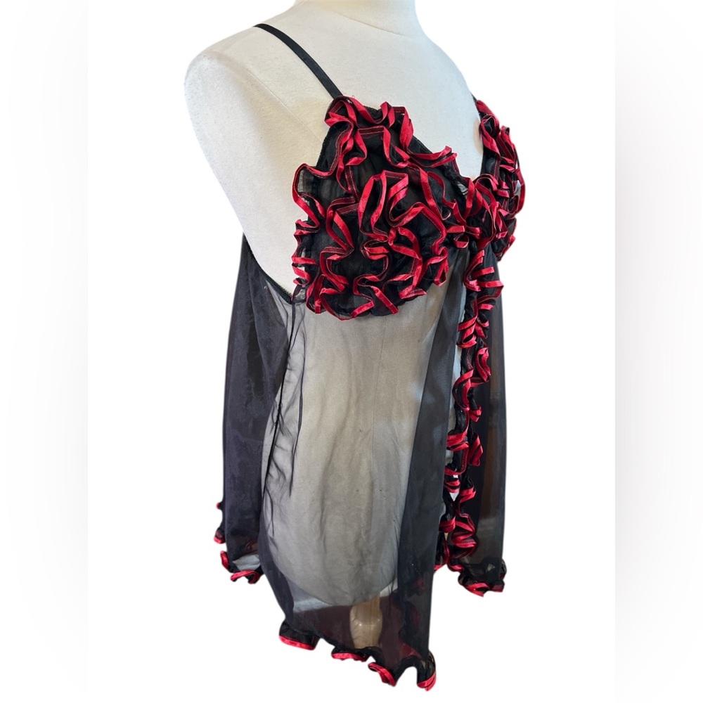 Juliara Vintage Sexy Black sheer Babydoll nightgown w/Red Ruffled Trim Size 2X - Picture 4 of 14
